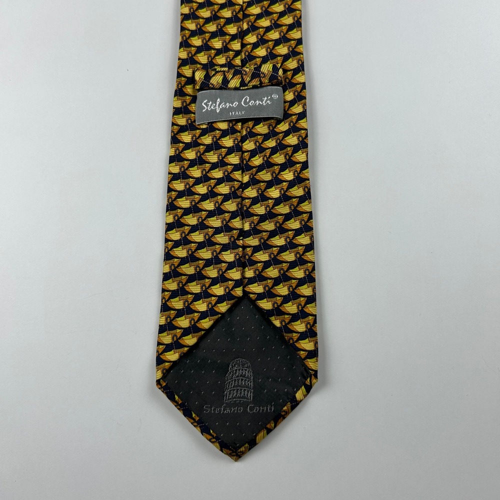 Stefano Conti Navy Yellow Umbrellas Novelty 100% Silk Tie Italy - Picture 2 of 8